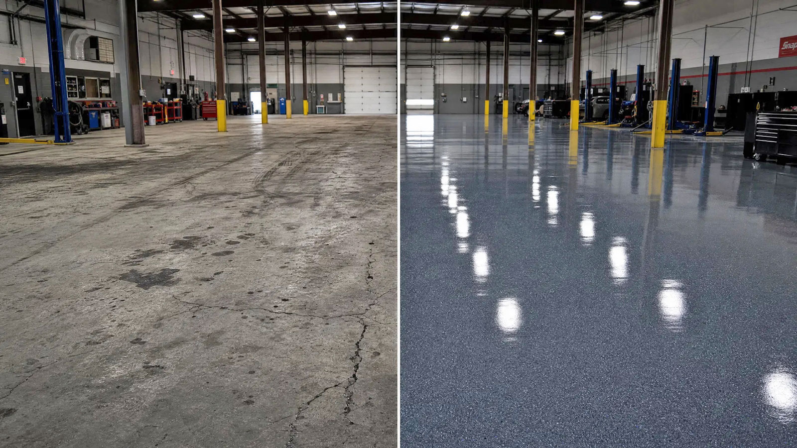 Commercial floor coating before and after — auto shop in Stow OH